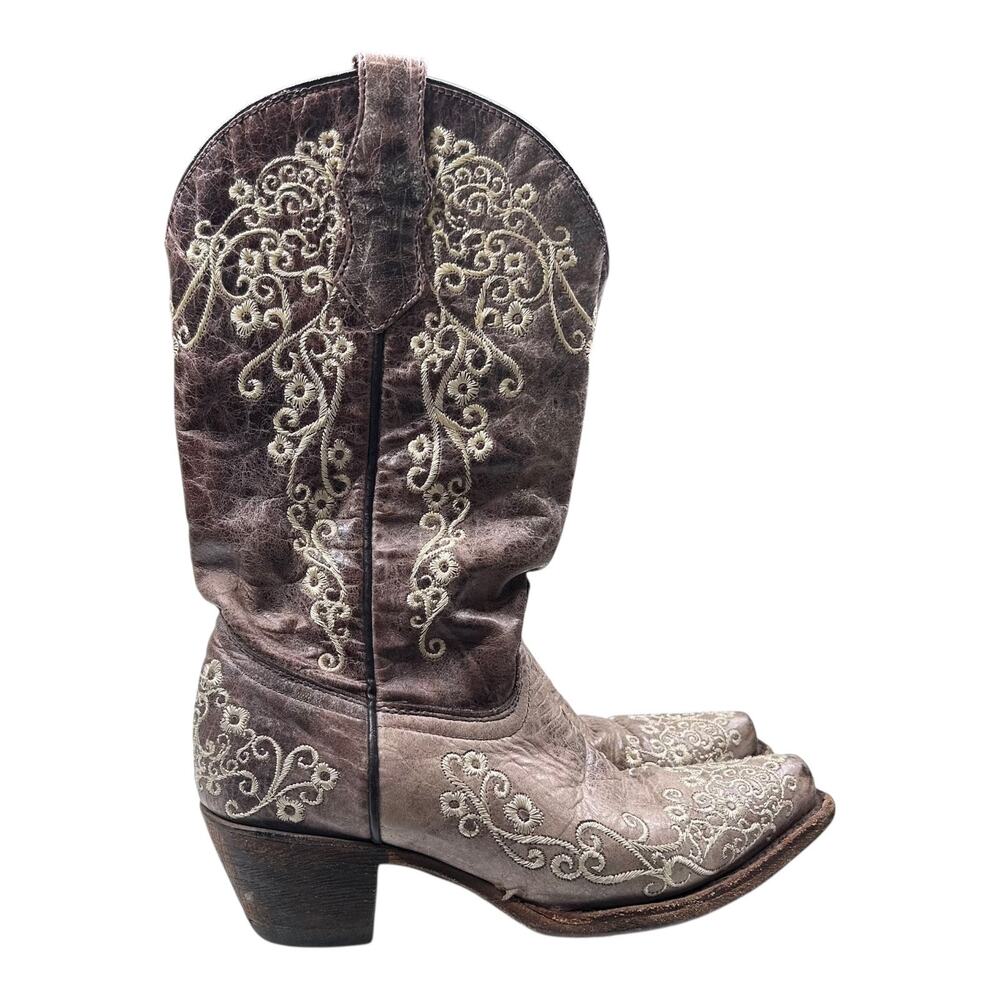 Corral Teens Brown Crater Embroidered Western Boots Square Toe Size 2